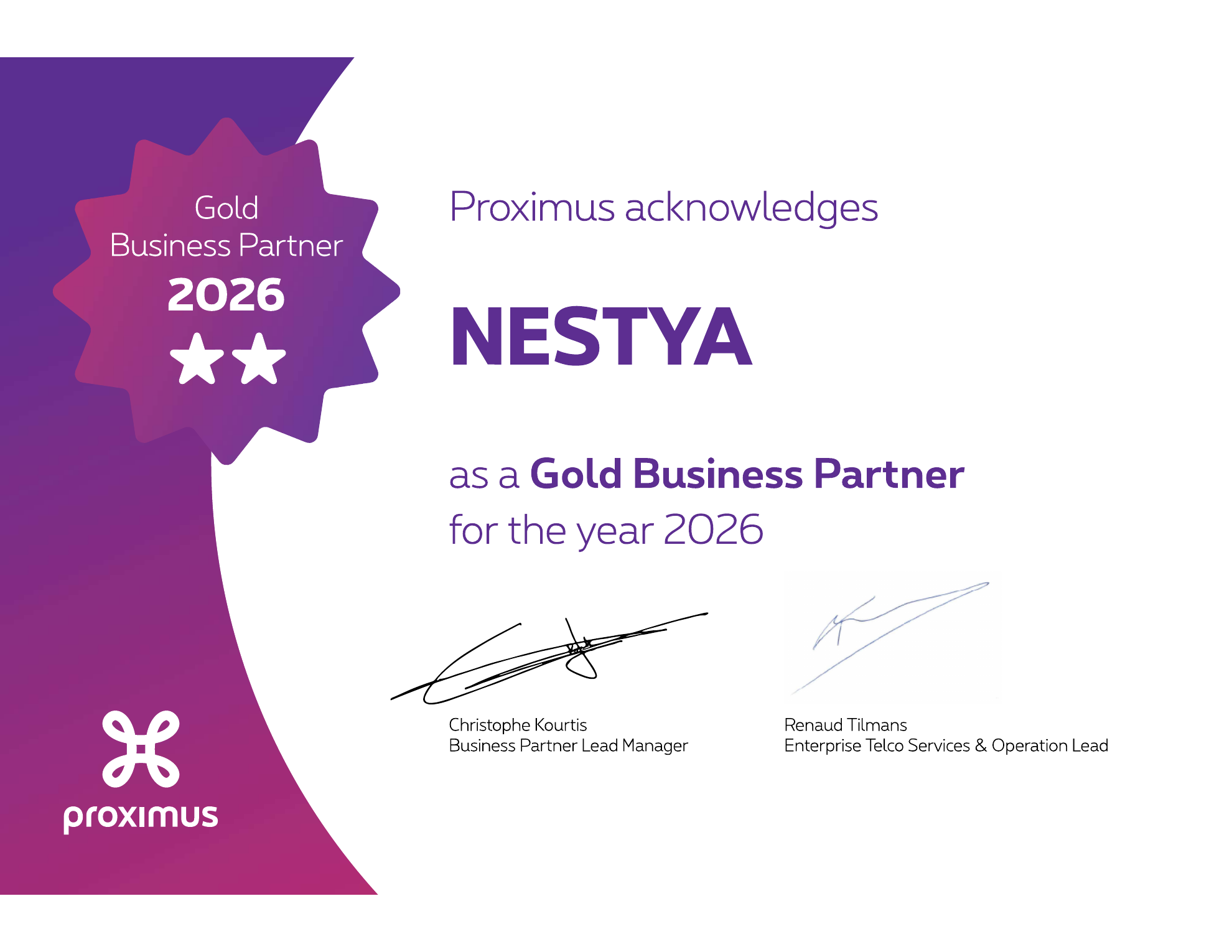 Certificat Proximus reconnaissant NESTYA comme Gold Business Partner deux étoiles pour l’année 2026