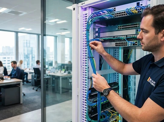 Technicien intervenant sur une infrastructure réseau professionnelle