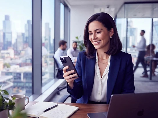 Professionnelle utilisant une solution mobile dans ses bureaux