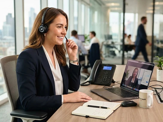 Professionnelle utilisant une solution de téléphonie et de visioconférence
