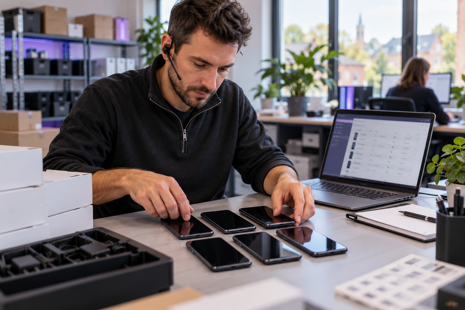 Technicien préparant une flotte de smartphones professionnels