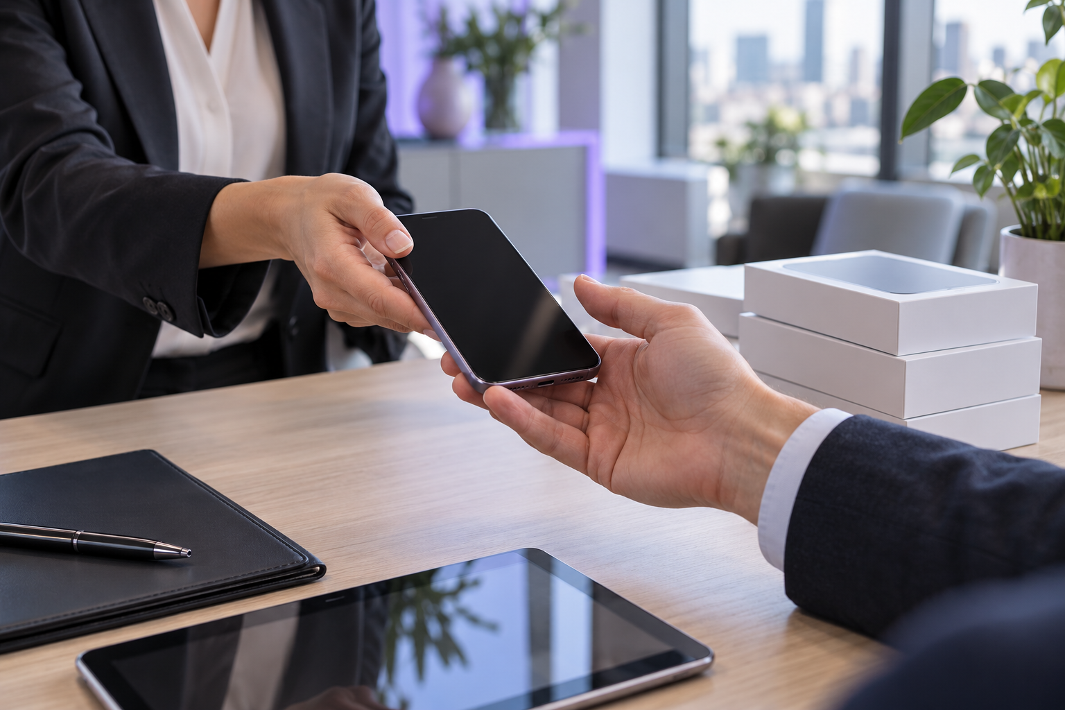 Remise d’un smartphone professionnel à un collaborateur